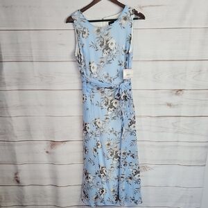NWT Anne Klein Sky Blue Floral Midi Waist Tie Dress - Size 6